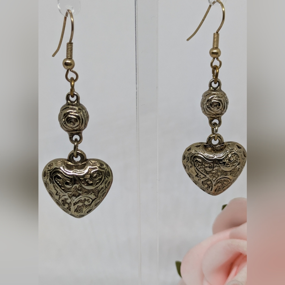 Vintage Puffy Gold Tone Heart Drop Earrings Boho Bohemian Whimsigoth